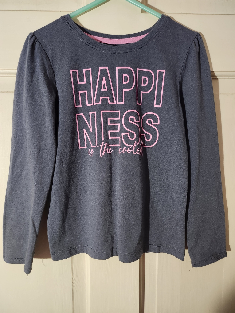 Girls Long Sleeve 'HAPPINESS' Graphic Tee - Pink on Charcoal